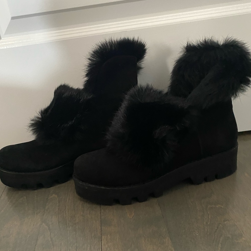Rachel Zoe Suede Fur Short Cuffed Black Boots Voz - Picture 4 of 7